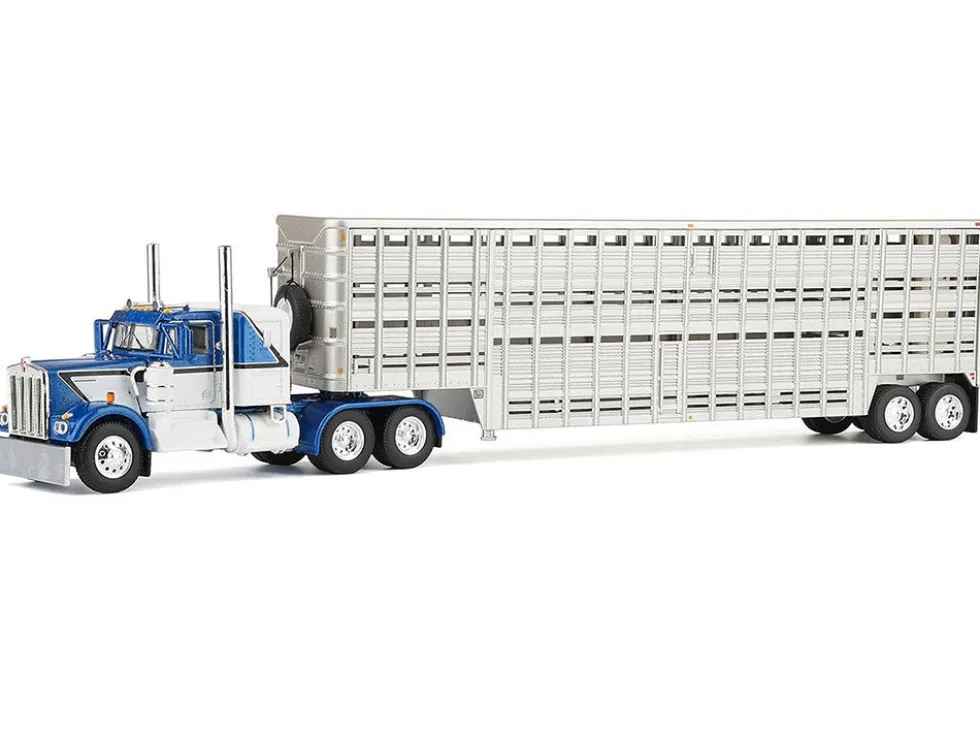 Kenworth W900A with 36" Sleeper and 45' Wilson Vintage Livestock Trailer Mariner Blue and White with Silver Trailer 1/64 Diecast Model by DCP/First Gear
