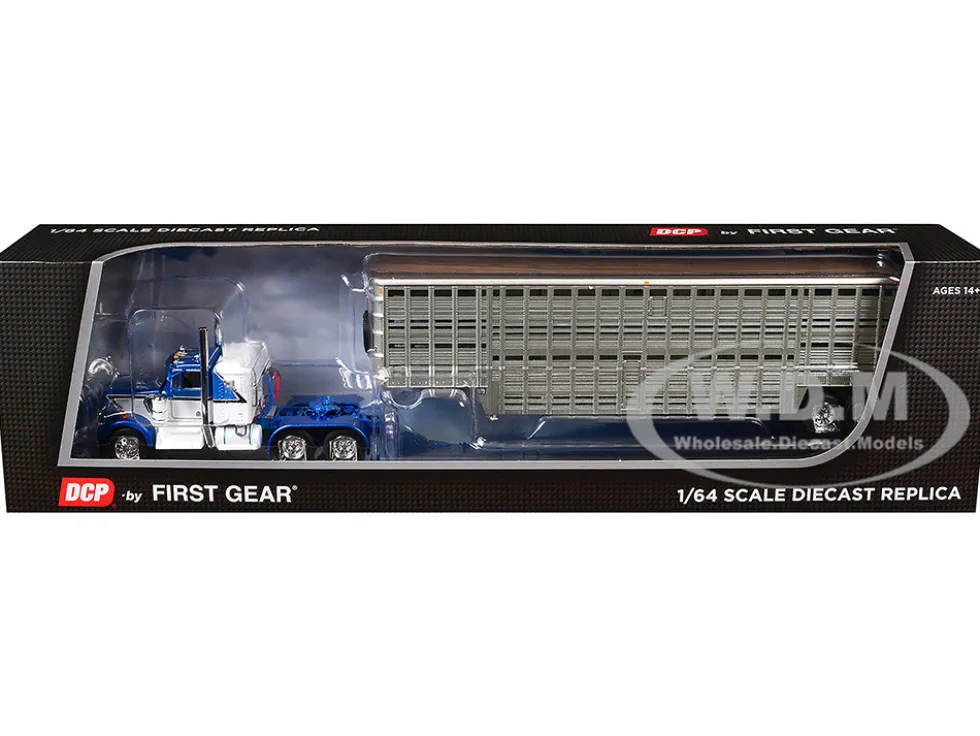 Kenworth W900A with 36" Sleeper and 45' Wilson Vintage Livestock Trailer Mariner Blue and White with Silver Trailer 1/64 Diecast Model by DCP/First Gear