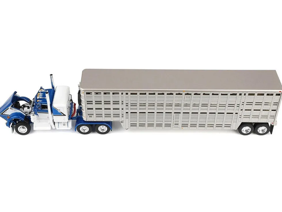 Kenworth W900A with 36" Sleeper and 45' Wilson Vintage Livestock Trailer Mariner Blue and White with Silver Trailer 1/64 Diecast Model by DCP/First Gear