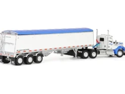 Kenworth W990 Day Cab and Lode King Distinction Hopper Trailer White and Blue 1/64 Diecast Model by DCP/First Gear
