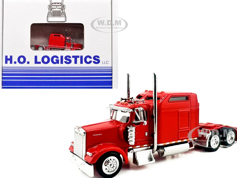 Kenworth W900L Truck Tractor with Sleeper Cab Red and Covered Grain Trailer White with Red Tarp Combo Set 1/87 (HO) Plastic Model Car by HO Logistics