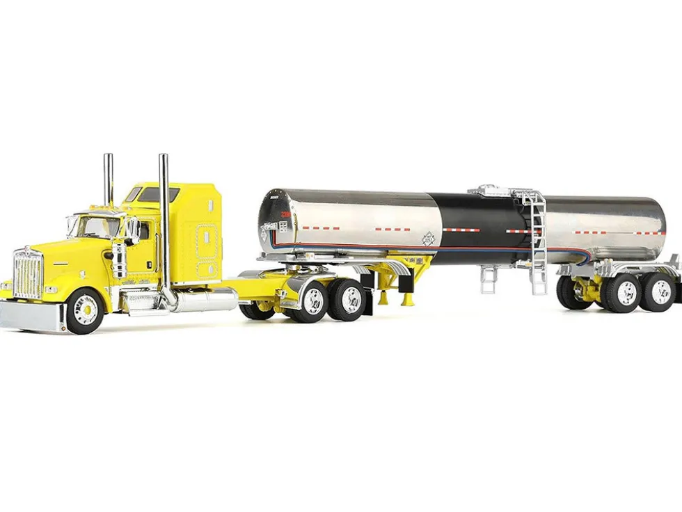Kenworth W900L with 60" Aerodyne Sleeper and Brenner Tank Trailer "Double C Transport" Yellow 1/64 Diecast Model by DCP/First Gear