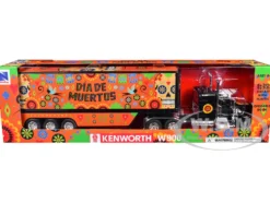 Kenworth W900 Truck Black with Graphics and Dry Van Trailer
