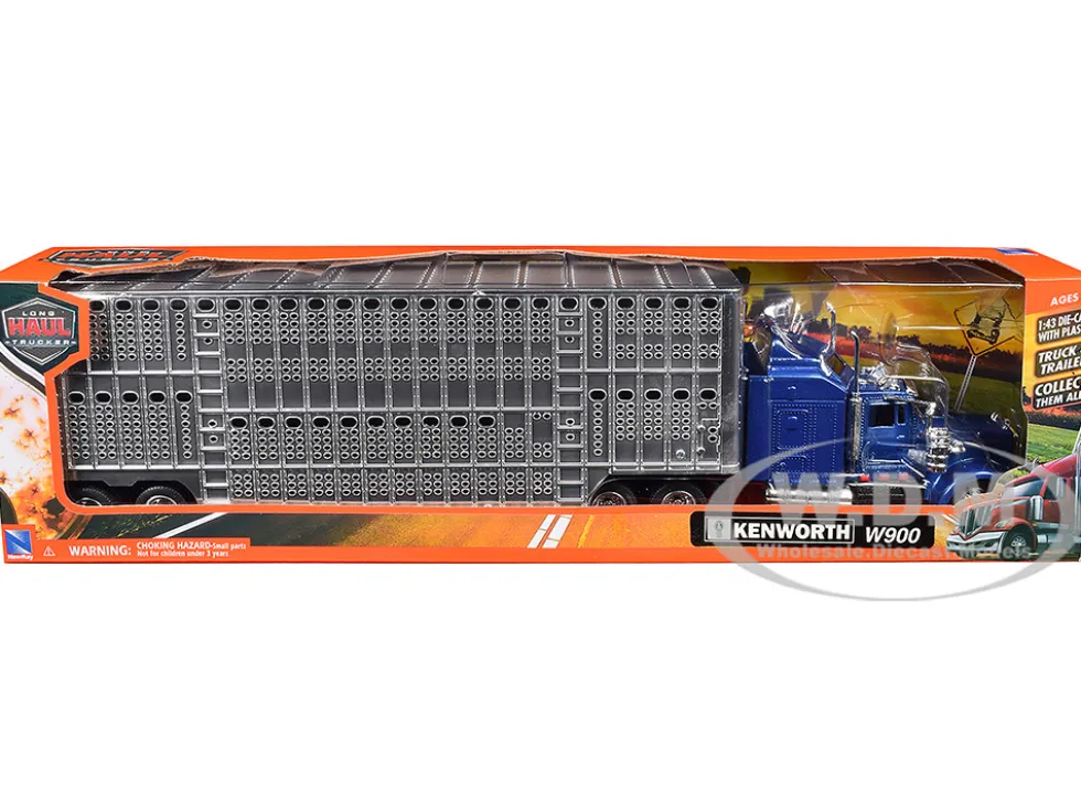 Kenworth W900 Truck Blue with Potbelly Livestock Trailer Chrome "Long Haul Truckers" Series 1/43 Diecast Model by New Ray