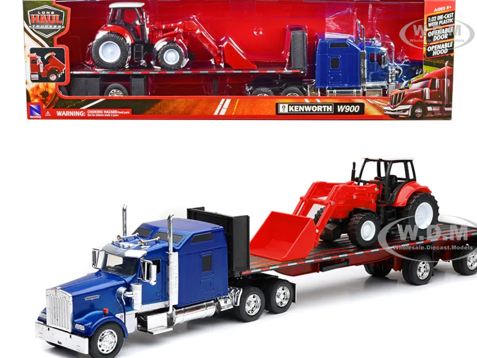 Kenworth W900 Truck with Flatbed Trailer Blue Metallic with Farm Tractor Red Long Haul Truckers Series 1/32 Diecast Model New Ray SS-10373A