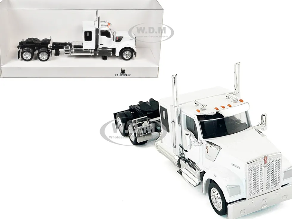 Kenworth W990 with Flat Top Sleeper Cab White 1/87 (HO) Plastic Model Car by HO Logistics