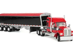 Kenworth W990 with 76" Mid-Roof Sleeper and Lode King Distinction Hopper Trailer Red and Black 1/64 Diecast Model by DCP/First Gear