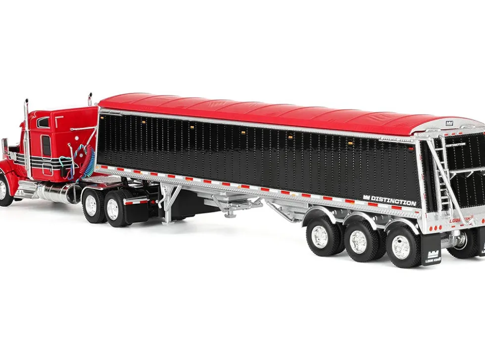 Kenworth W990 with 76" Mid-Roof Sleeper and Lode King Distinction Hopper Trailer Red and Black 1/64 Diecast Model by DCP/First Gear