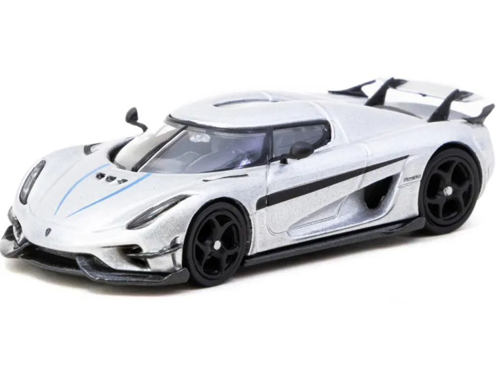 Koenigsegg Regera Silver Metallic with Blue Accents and Collectible Tarmac Cards "Global64" Series 1/64 Diecast Model by Tarmac Works