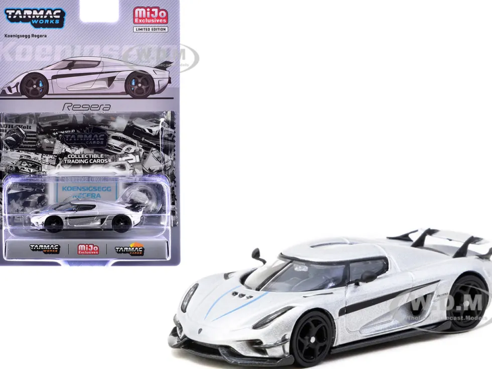 Koenigsegg Regera Silver Metallic with Blue Accents and Collectible Tarmac Cards "Global64" Series 1/64 Diecast Model by Tarmac Works