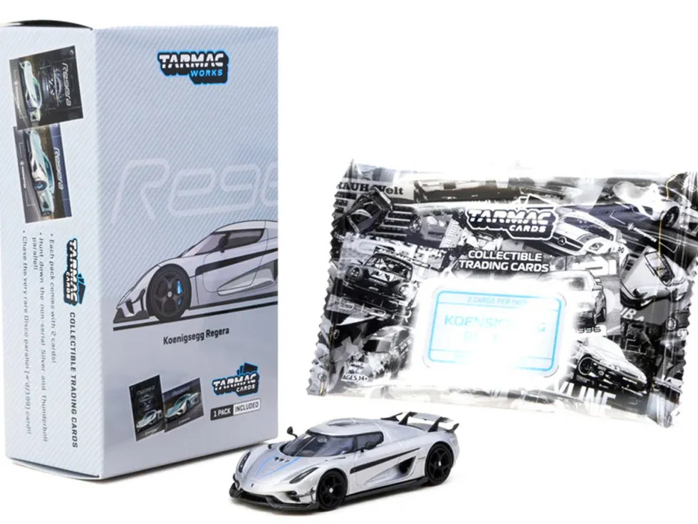 Koenigsegg Regera Silver Metallic with Blue Accents and Collectible Tarmac Cards "Global64" Series 1/64 Diecast Model by Tarmac Works