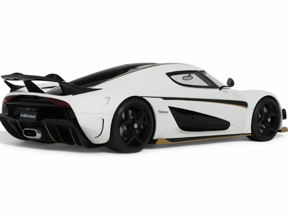 2023 Koenigsegg Regera White with Black Stripes 1/18 Model Car by GT Spirit