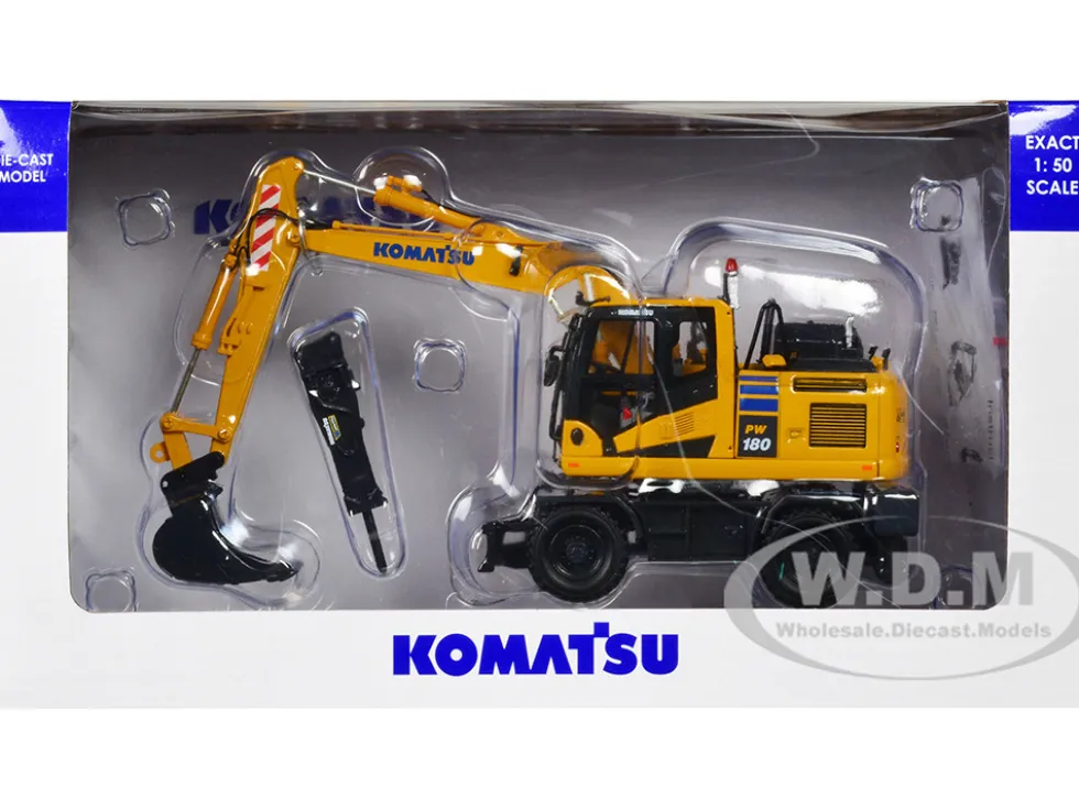 Komatsu PW180-11 Excavator Yellow with Standard Bucket and Hydraulic Breaker 1/50 Diecast Model by Universal Hobbies