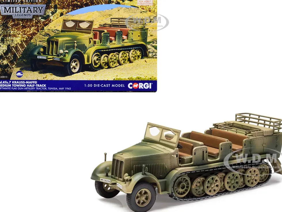 Krauss Maffei Sd Kfz 7 Medium Towing Half Track AFV Luftwaffe FlaK Gun Artillery Tractor Tunisia 1943 German Army Military Legends Series 1/50 Diecast Model Corgi CC60013