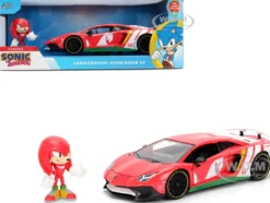 Lamborghini Aventador SV Red with Graphics and Knuckles Diecast Figure "Sonic The Hedgehog" Franchise "Hollywood Rides" Series 1/24 Diecast Model by Jada
