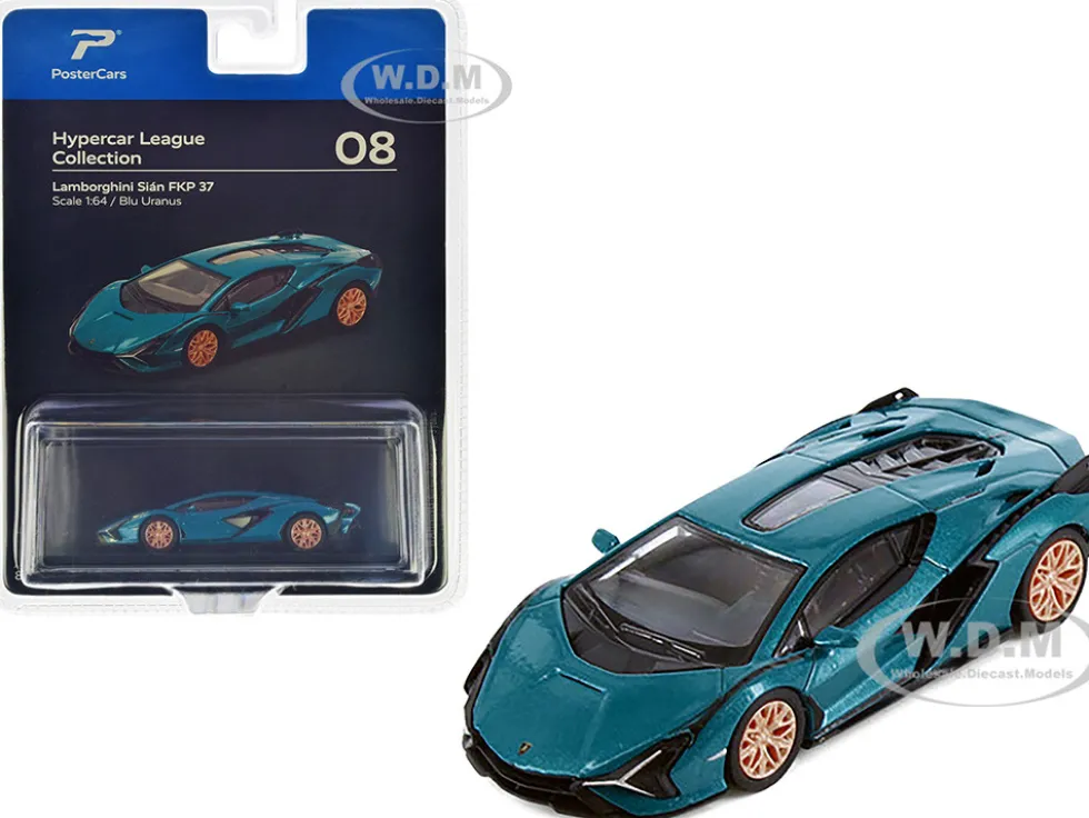 Lamborghini Sian FKP 37 Blu Uranus Blue Metallic Hypercar League Collection 1/64 Diecast Model Car PosterCars H08B