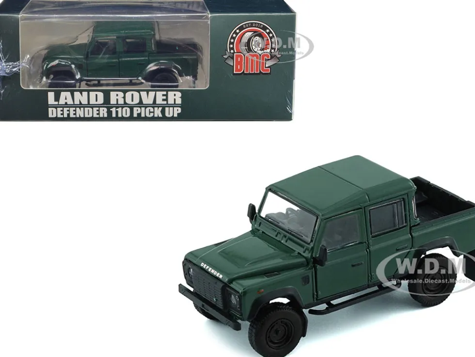 Land Rover Defender 110 Pickup Truck Green with Extra Wheels 1/64 Diecast Model Car BM Creations 64B0197