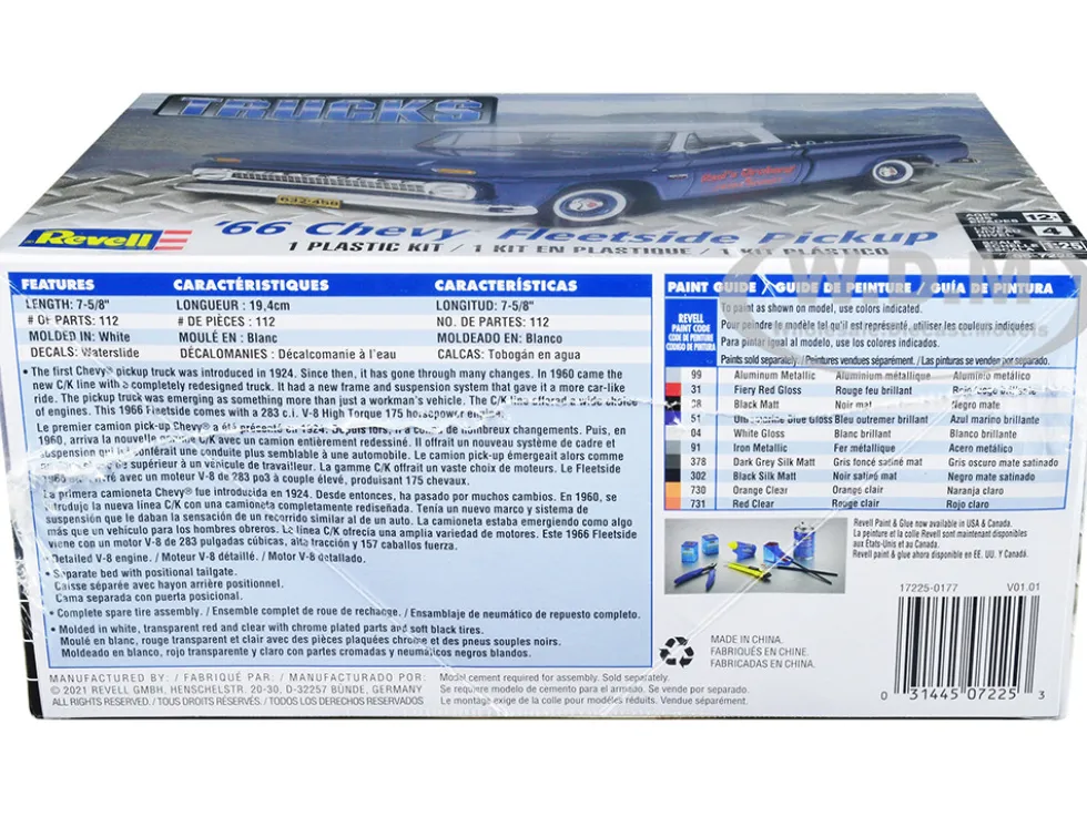 Level 4 Model Kit 1966 Chevrolet Fleetside Pickup Truck 1/25 Scale Model Revell 85-7225