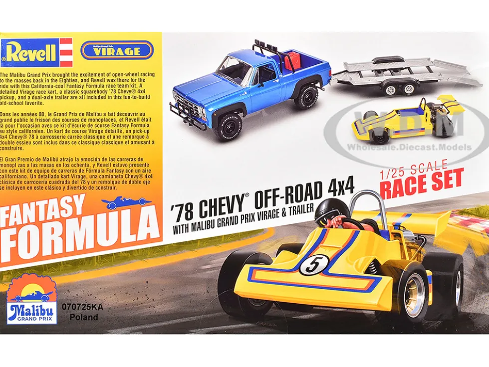 Level 3 Model Kit 1978 Chevrolet Off-Road 4x4 Pickup Truck and "Malibu Grand Prix" Virage with Trailer "Fantasy Formula" 1/25 Scale Model by Revell