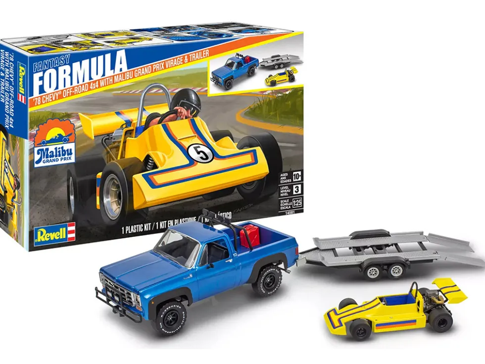 Level 3 Model Kit 1978 Chevrolet Off-Road 4x4 Pickup Truck and "Malibu Grand Prix" Virage with Trailer "Fantasy Formula" 1/25 Scale Model by Revell