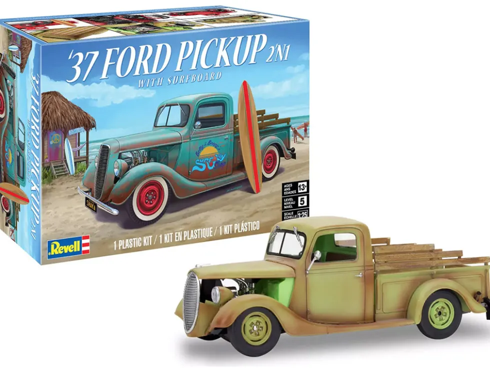 Level 5 Model Kit 1937 Ford Pickup Truck with Surfboard 2-in-1 Kit 1/25 Scale Model by Revell