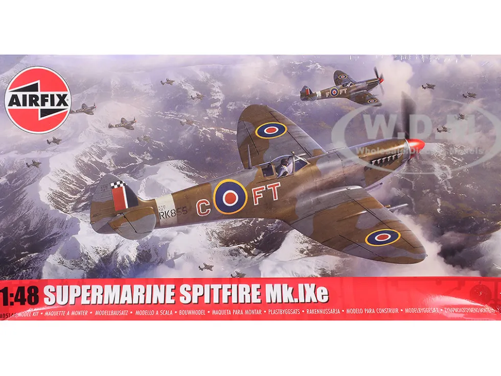 Level 2 Model Kit Supermarine Spitfire Mk.IXe Fighter Aircraft with 3 Scheme Options 1/48 Plastic Model Kit by Airfix