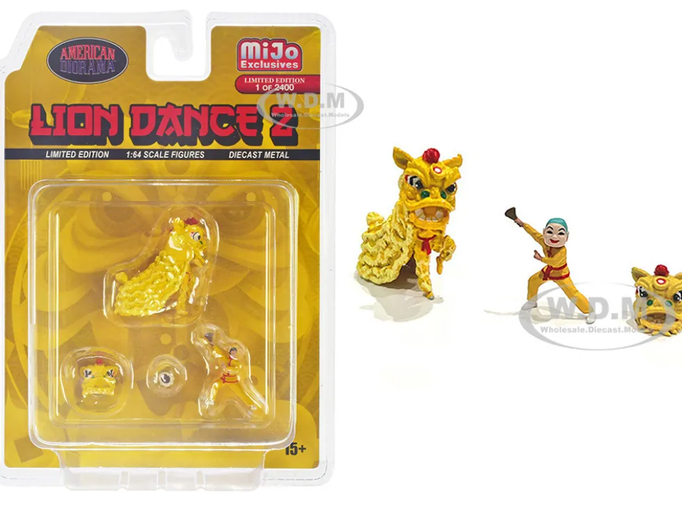 Lion Dance 2 4 piece Diecast Figure Set 1 Figures 1 Lion 2 Accessories Limited Edition to 2400 pieces Worldwide for 1/64 Scale Models American Diorama AD-2404MJ