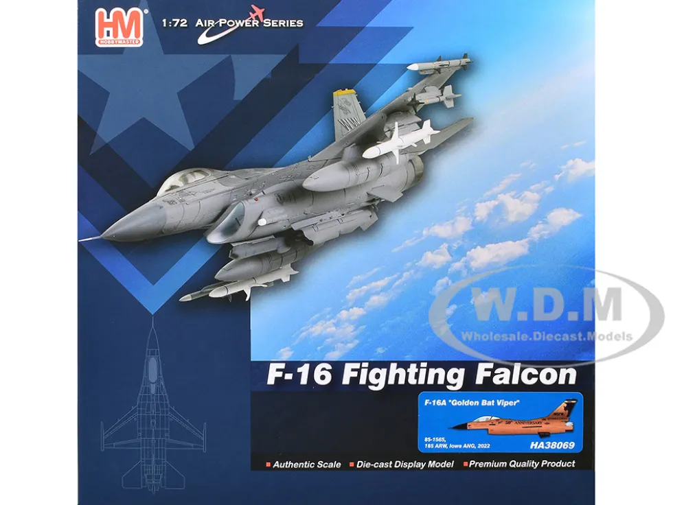 Lockheed F-16A Fighting Falcon Fighter Aircraft "85-1565, Golden Bat Viper, 185 ARW, Iowa ANG, Squadron 50th Anniversary" (2022) United States Air Force "Air Power Series" 1/72 Diecast Model by Hobby Master