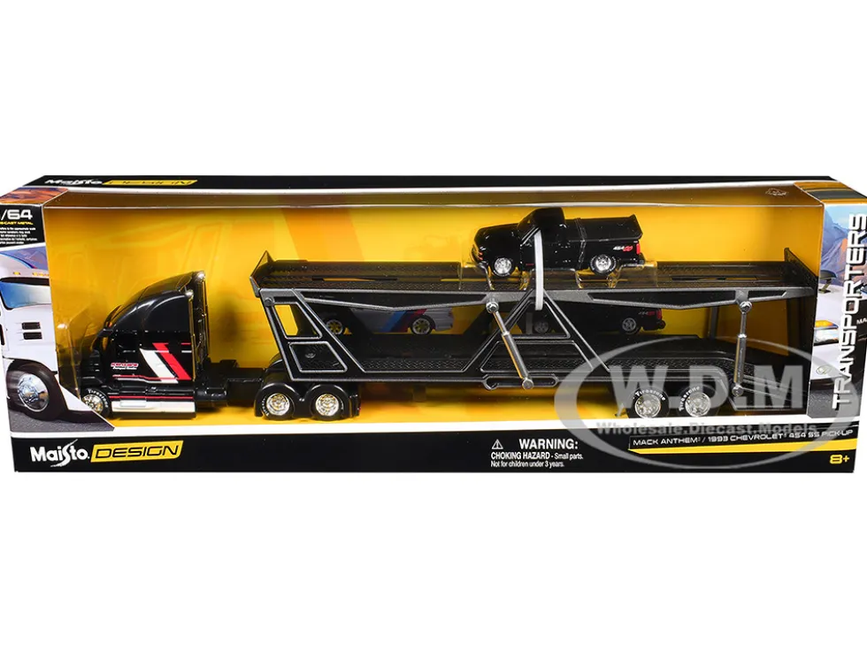 Mack Anthem Open Car Hauler Black with Red and White Stripes "Kenzie's Transport Services" and 1993 Chevrolet 454 SS Pickup Truck Black "Transporters" Series 1/64 Diecast Models by Maisto