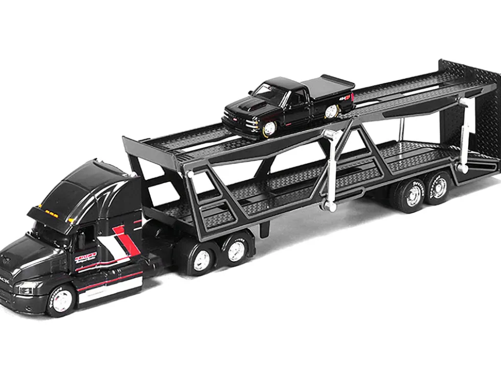 Mack Anthem Open Car Hauler Black with Red and White Stripes "Kenzie's Transport Services" and 1993 Chevrolet 454 SS Pickup Truck Black "Transporters" Series 1/64 Diecast Models by Maisto