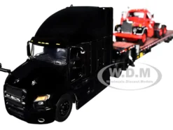 Mack Anthem Sleeper and Landoll 440B-50CA Traveling Axle Trailer Black with Mack B-61 Day Cab Load Red "Mack Anniversary" 1/64 Diecast Model by DCP/First Gear