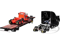Mack Anthem Sleeper and Landoll 440B-50CA Traveling Axle Trailer Black with Mack B-61 Day Cab Load Red 