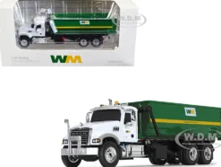 Mack Granite MP Refuse Garbage Truck with Tub Style Roll Off Container Waste Management White and Green 1/87 HO Diecast Model First Gear 80-0356D