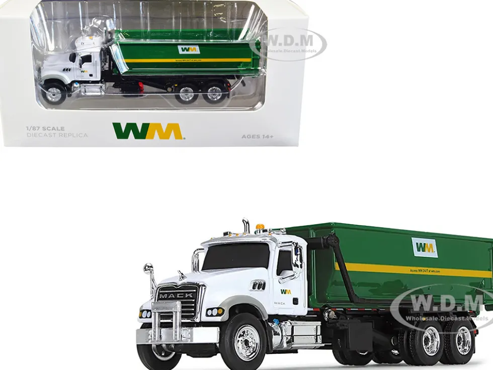 Mack Granite MP Refuse Garbage Truck with Tub Style Roll Off Container Waste Management White and Green 1/87 HO Diecast Model First Gear 80-0356D
