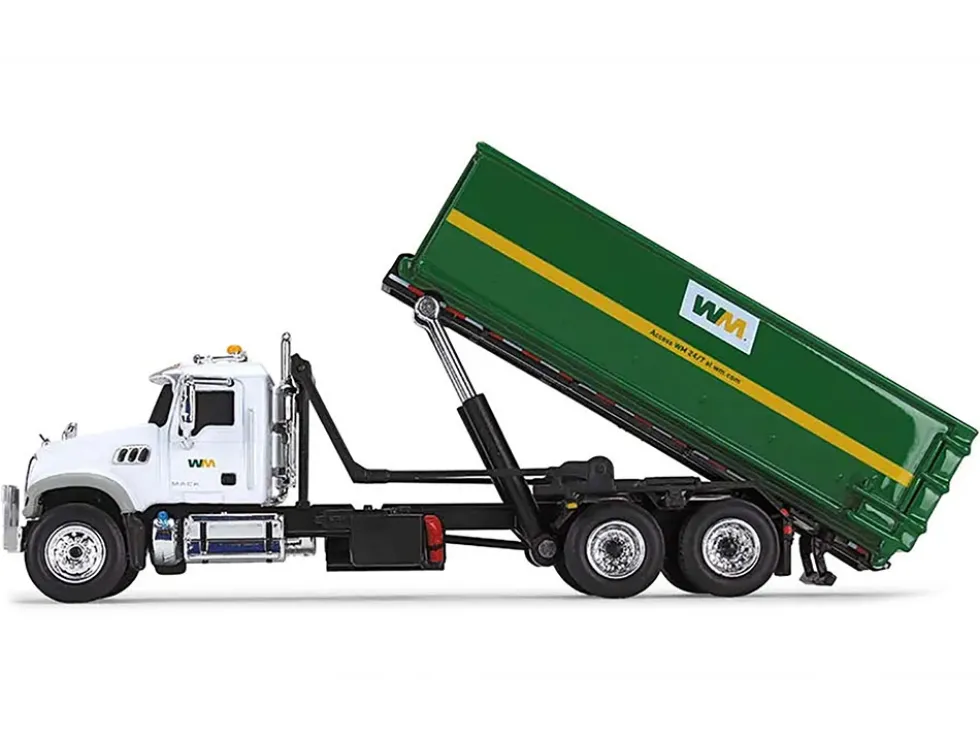 Mack Granite MP Refuse Garbage Truck with Tub Style Roll Off Container Waste Management White and Green 1/87 HO Diecast Model First Gear 80-0356D