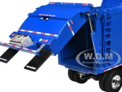 Mack LR Refuse Garbage Truck with McNeilus Meridian Front Loader White and Blue with Trash Bin 1/64 Diecast Model by DCP/First Gear