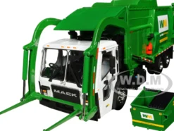 Mack LR Waste Management Refuse Garbage Truck with McNeilus Meridian Front Loader White and Green with Trash Bin 1/34 Diecast Model First Gear FG10-4292D