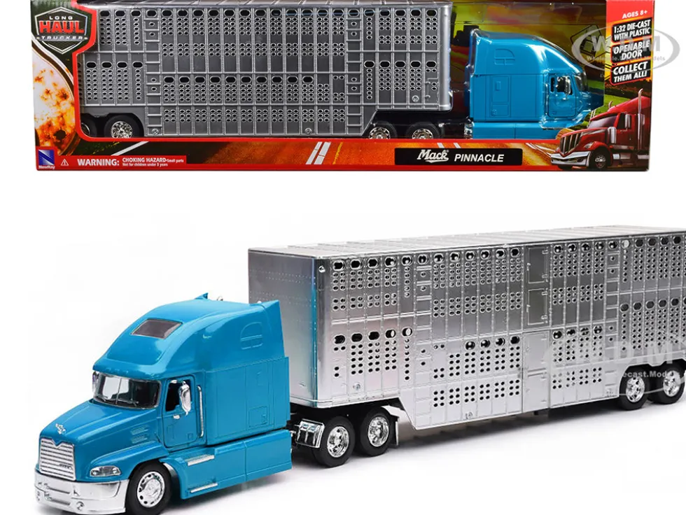 Mack Pinnacle Truck with Pot Belly Livestock Trailer Blue and Chrome Long Haul Truckers Series 1/32 Diecast Model New Ray SS-12853C