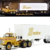 Mack R-Model Day Cab and 40' Vintage Trailer Yellow with Red Stripes and White Top "Mack Anniversary" 1/64 Diecast Model by DCP/First Gear