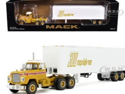 Mack R-Model Day Cab and 40' Vintage Trailer Yellow with Red Stripes and White Top "Mack Anniversary" 1/64 Diecast Model by DCP/First Gear