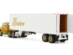 Mack R-Model Day Cab and 40' Vintage Trailer Yellow with Red Stripes and White Top