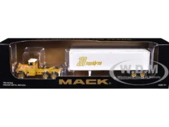 Mack R-Model Day Cab and 40' Vintage Trailer Yellow with Red Stripes and White Top