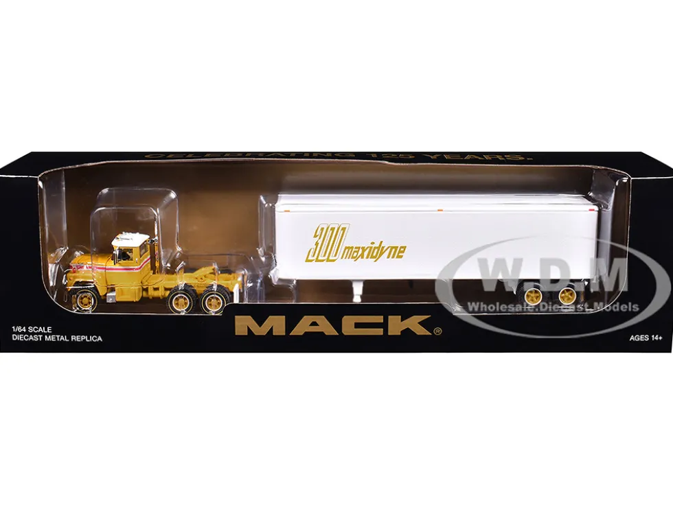 Mack R-Model Day Cab and 40' Vintage Trailer Yellow with Red Stripes and White Top "Mack Anniversary" 1/64 Diecast Model by DCP/First Gear