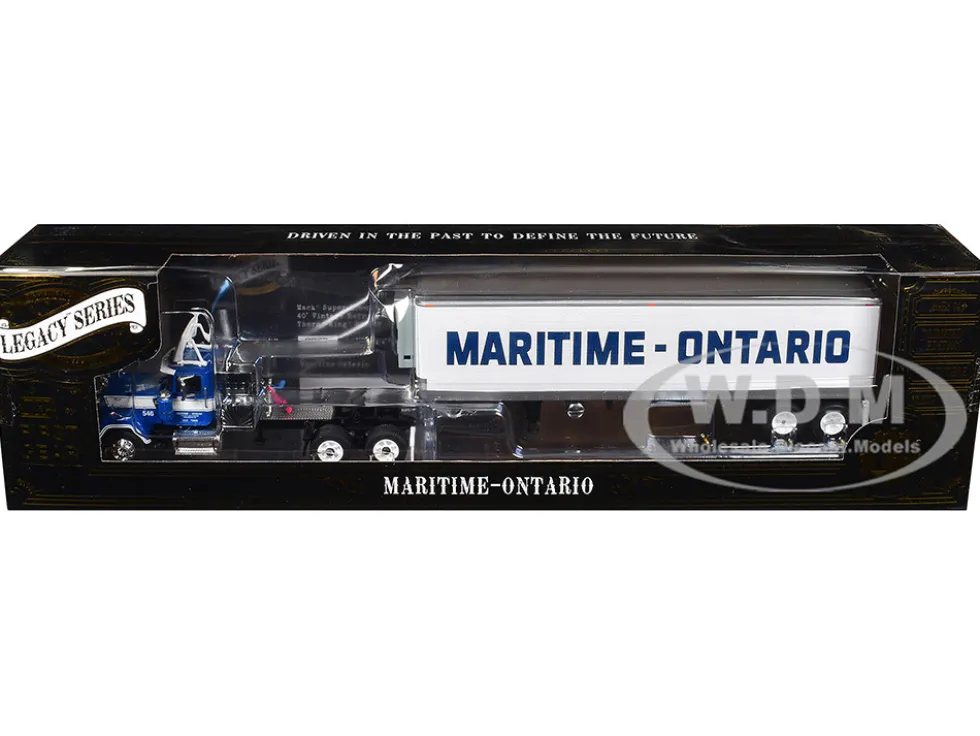 Mack Super-Liner with 36" Vintage Sleeper and 40' Vintage Trailer with Reefer "Maritime-Ontario" Blue with White Stripes "Legacy" Series #4 1/64 Diecast Model by DCP/First Gear