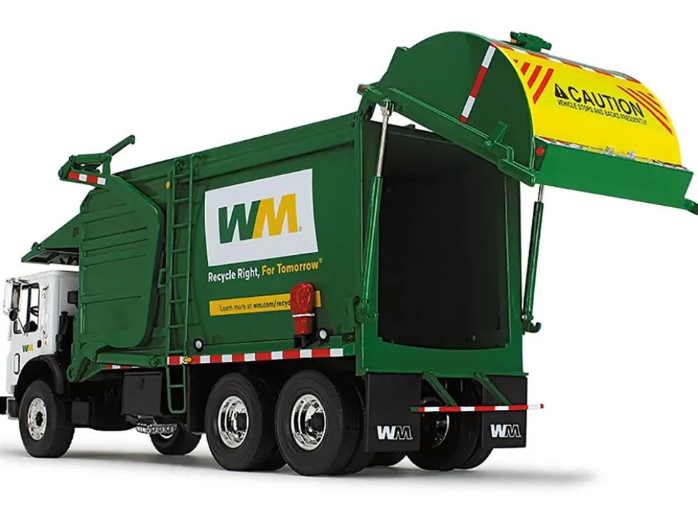 Mack TerraPro Waste Management Refuse Garbage Truck with Wittke Front Load White and Green with Garbage Bin 1/34 Diecast Model First Gear 10-4001D