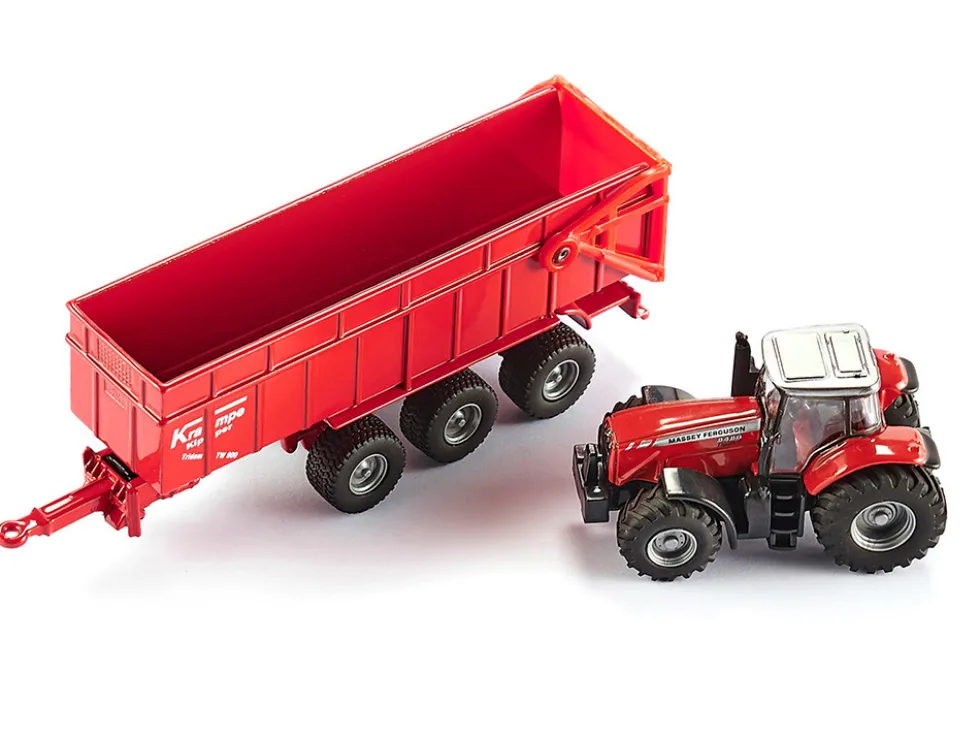 Massey Ferguson 8480 Dyna VT Tractor Red with Silver Top and Krampe Dump Trailer Red 1/87 HO Diecast Models Siku SK1844