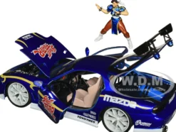 1993 Mazda RX-7 Candy Blue Metallic with Graphics and Chun-Li Diecast Figure Street Fighter Video Game Anime Hollywood Rides Series 1/24 Diecast Model Car Jada 30838