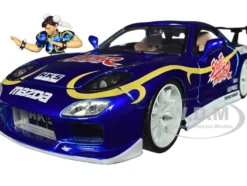 1993 Mazda RX-7 Candy Blue Metallic with Graphics and Chun-Li Diecast Figure Street Fighter Video Game Anime Hollywood Rides Series 1/24 Diecast Model Car Jada 30838