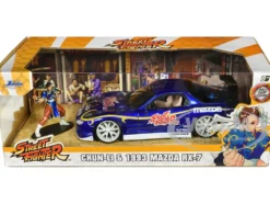 1993 Mazda RX-7 Candy Blue Metallic with Graphics and Chun-Li Diecast Figure Street Fighter Video Game Anime Hollywood Rides Series 1/24 Diecast Model Car Jada 30838