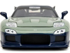 1993 Mazda RX 7 Dark Blue with Green Hood and Kakashi Hatake Diecast Figure Naruto Shippuden 2009 2017 TV Series Anime Hollywood Rides Series 1/24 Diecast Model Car Jada 34370